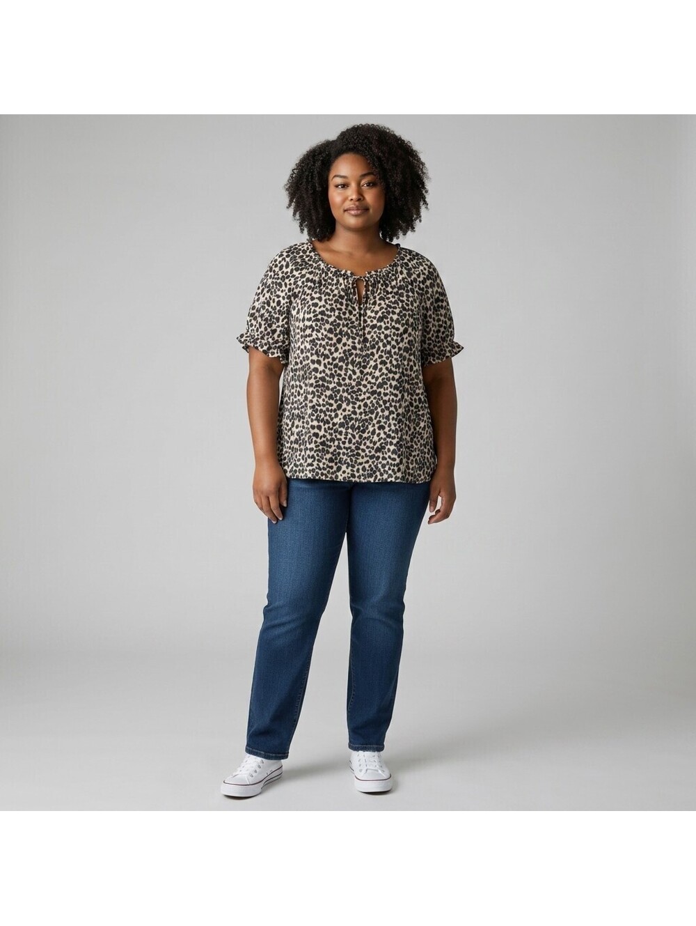 Liz Claiborne Blouse Women 2X Plus Beige Animal Print Tasseled Short Sleeve